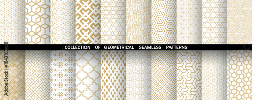Geometric set of seamless golden and white patterns. Simple vector graphics