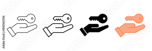 Set of minimalist hand and key icons with transparent background, symbolizing access, security, solutions, and digital protection for UI and web, vector illustration