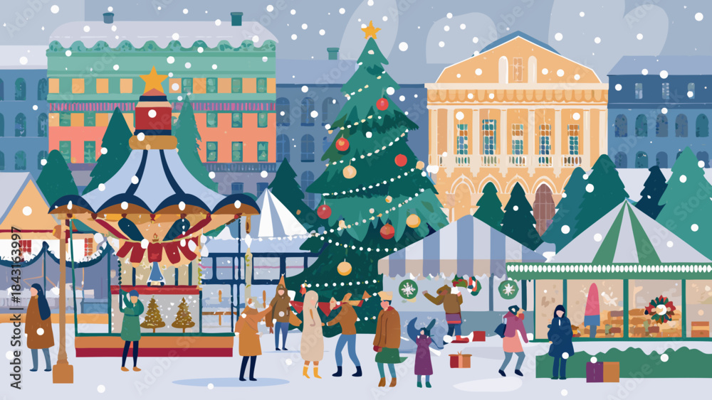 Obraz premium Charming winter village scene with christmas market and carousel