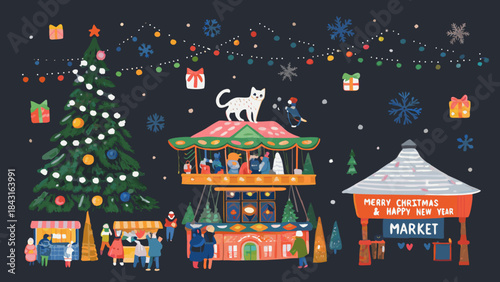Whimsical christmas market scene with carousel and decorated tree