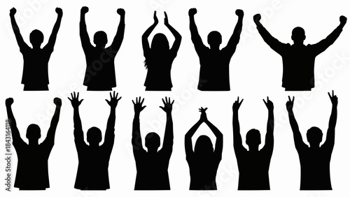 Group of Silhouettes of People Cheering with Arms Raised High.