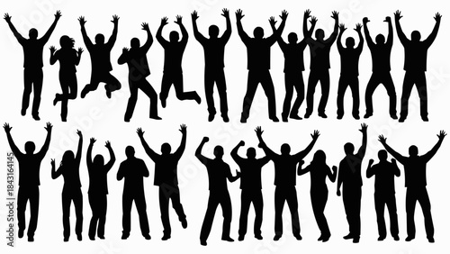 Group of diverse people celebrating with raised hands.