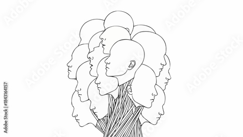 Abstract illustration of a cluster of human heads in profile view.