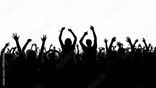 Crowd of people with hands raised in celebration.