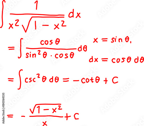 Handwritten calculus solution using trigonometric substitution to solve an integral with square roots, showing step-by-step math derivation on white background.
