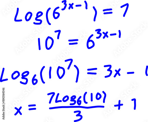 Handwritten logarithmic equation solution showing step-by-step math transformation with logs and exponents, educational algebra concept on white background.
