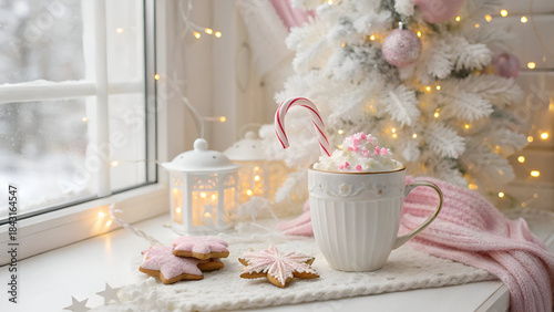 A dreamy winter interior scene captured in soft, high-resolution photography, showcasing a white ceramic mug topped with whipped cream and pastel pink sprinkles.