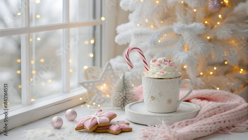 A dreamy winter interior scene captured in soft, high-resolution photography, showcasing a white ceramic mug topped with whipped cream and pastel pink sprinkles.