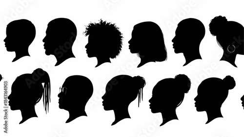 Diverse Silhouettes of People Heads in Profile View.