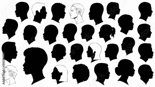 Collection of Diverse Human Head Silhouettes and Profiles.