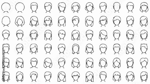 Collection of Diverse Hand Drawn Female Hairstyles and Faces.