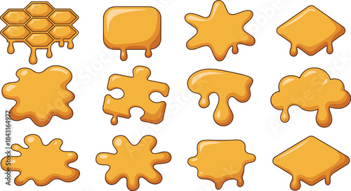 Cartoon honey splash shapes set, dripping golden liquid elements, sweet syrup blobs illustration, sticky fluid design collection