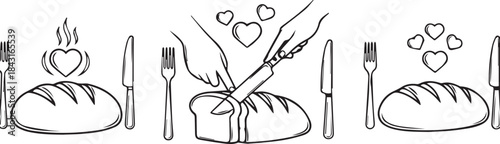 Illustrated Steps of Bread Cutting with Hearts and Utensils