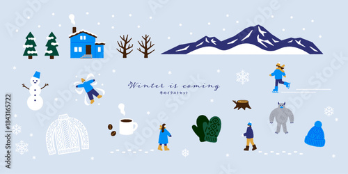 雪のある風景と冬のライフスタイルを集めた手描き風イラストセット｜ベクター