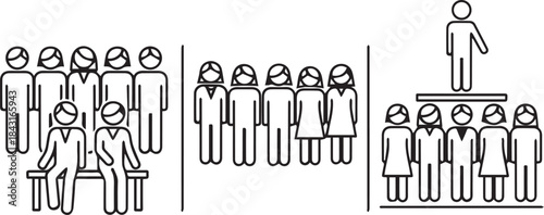 Illustrations of people in groups and a speaker on stage