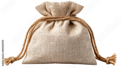 Natural Burlap Drawstring Bag with Twine Closure on White Background