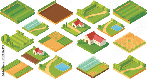 Isometric farm landscape elements set, agricultural fields countryside illustration, rural land plots, farming environment icons collection
