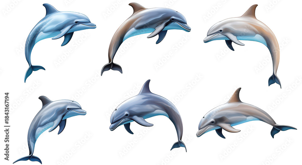 Fototapeta A illustration of six dolphins in various poses. their playful nature and gracefulness against a clean. white background. ideal for marine life education and ocean conservation themes