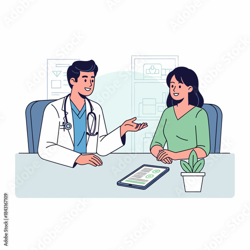 Smiling female doctor in a lab coat holding an ultrasound machine with a fetal image, pointing, against a medical background.