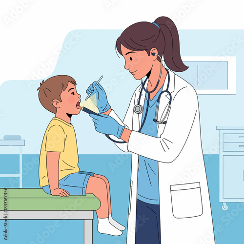 A female doctor examines a young boy's throat with a tongue depressor and penlight in a medical clinic.