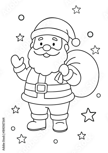 Black and white Santa Claus illustration with stars for coloring
