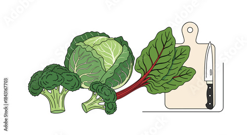 Fresh green vegetables including cabbage, broccoli, and swiss chard arranged with a wooden cutting board and knife for cooking prep.
