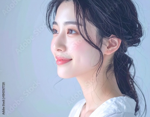 日本人, 清楚な若い女性, 横顔, ナチュラルな笑顔, 柔らかい光, 白背景, 透明感ある肌, 美容広告スタイル Japanese, modest young woman, side profile, natural smile, soft light, white background, translucent skin, beauty ad style
