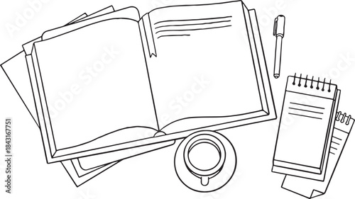 Top view illustration of a desk with an open book, coffee cup, pen, and small spiral notepad. Represents studying, writing, reading, work from home, learning, or a cozy break.