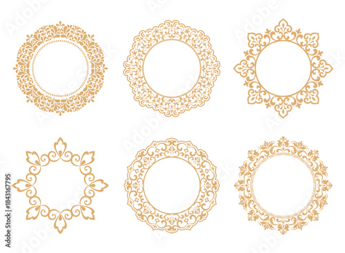 Set of decorative frames Elegant vector element for design in Eastern style, place for text. Floral golden and white borders. Lace illustration for invitations and greeting cards