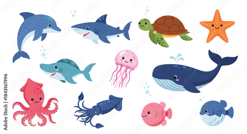 Obraz premium Adorable collection of cute cartoon sea animals with happy faces, including a dolphin, shark, turtle, whale, jellyfish, and octopus.