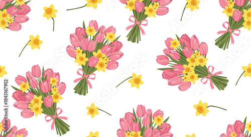 Seamless spring floral pattern with beautiful bouquets of pink tulips and yellow daffodils tied with ribbons on a clean white background.