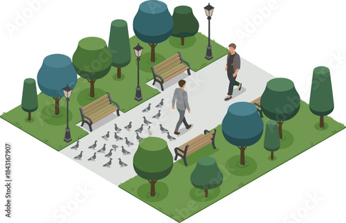 Isometric park landscape illustration, people walking pathway with benches trees birds, urban green space, outdoor relaxation concept