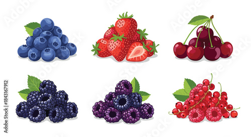 Set of six vibrant and fresh berry piles, including blueberry, strawberry, cherry, blackberry, boysenberry, and redcurrant with raspberry.