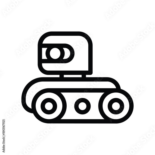 Minimalist robot vehicle icon with a tracked base and camera unit, representing autonomous robots, surveillance technology, automation, and smart robotics systems