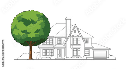 Black and white line art illustration of a large two-story house with a chimney and garage, with a single lush green tree in the front yard.