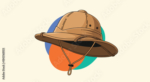 Classic pith helmet in a beige or khaki color, a symbol of safari adventures, exploration, and travel in tropical or jungle environments.