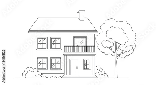 Simple black and white line drawing of a two-story suburban house with a balcony, a tree, and bushes, ideal for a coloring book.