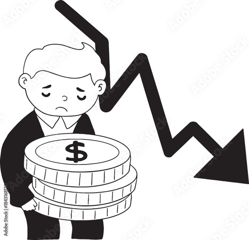 Sad businessman holding coins with dollar sign, standing next to a sharply downward trend arrow. Represents financial crisis, loss, economic downturn, or investment failure.