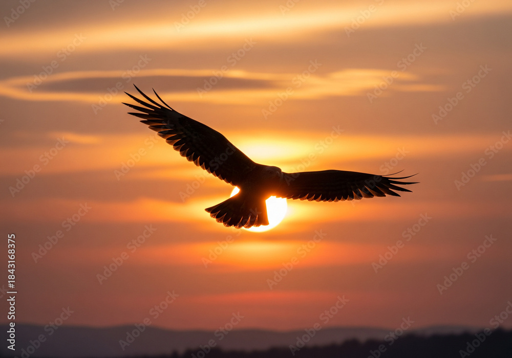 Fototapeta premium Bird Silhouette Against Sunset – Dramatic Sky Flight Closeup 
