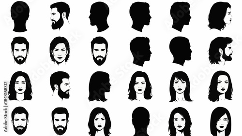 Collection of Diverse Human Head Silhouettes in Profile and Front Views.