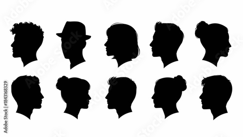 Diverse Silhouettes of Human Heads in Profile View.