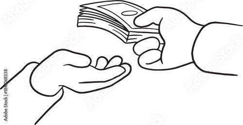Line art vector illustration of one hand giving a stack of money or cash to another open hand. Represents financial transactions, payment, salary, loan, bribe, lending, or donation.