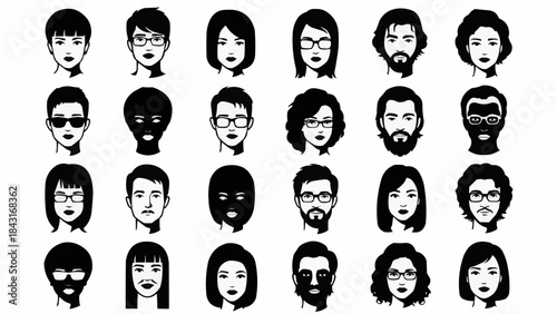Diverse Collection of Black and White Human Face Icons Representing Various Individuals.