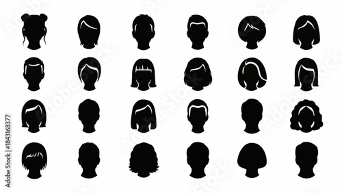 Collection of diverse black silhouette hairstyles for heads.