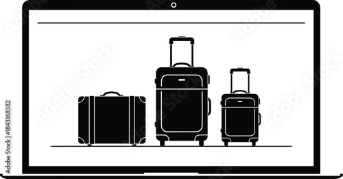 Black and white silhouette of laptop screen displaying three travel suitcases, symbolizing online booking, e-commerce, and digital travel agency services vector.