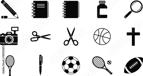 Collection of essential office, school, art, and sport black silhouette icons, including pencil, notebook, camera, scissors, basketball, and tennis racket vector set.