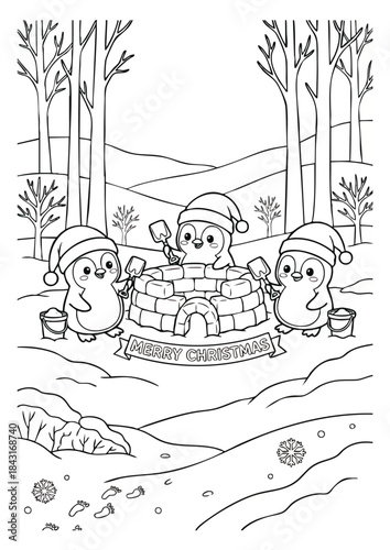 Cute Penguins Building Igloo in Winter Forest Coloring Page