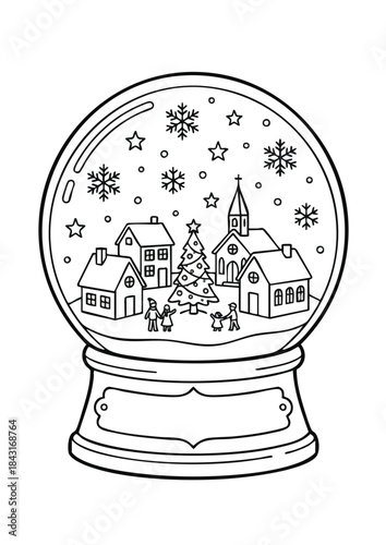 Black and White Snow Globe Illustration with Winter Village Scene