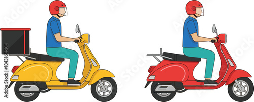 Delivery person riding yellow and red vintage scooter with food box, fast service courier motorcycle isolated, transportation vector illustration.