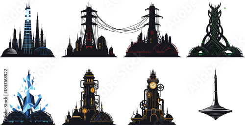 Futuristic city tower illustrations with domes, crystal structures, steampunk elements, advanced sci-fi architecture, colorful modern skyline concept, detailed vector artwork